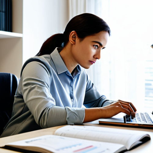 Home 4 A focused professional, gender-neutral, in modest business casual attire, seated at a modern desk in a well-lit home office. The person is looking intently at a laptop screen displaying finance study materials like charts and graphs, with a notebook and pen nearby. The background features a blurred bookshelf and a desk lamp, creating a professional and studious atmosphere. Perfect anatomy, correct proportions, natural pose, well-formed hands, proper finger count, natural body proportions. Professional photography, high quality, sharp focus, natural lighting. Fully clothed, appropriate attire, modest clothing, safe for work, appropriate content, family-friendly.