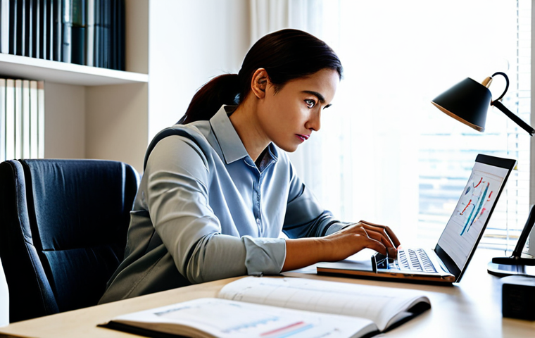 A focused professional, gender-neutral, in modest business casual attire, seated at a modern desk in a well-lit home office. The person is looking intently at a laptop screen displaying finance study materials like charts and graphs, with a notebook and pen nearby. The background features a blurred bookshelf and a desk lamp, creating a professional and studious atmosphere. Perfect anatomy, correct proportions, natural pose, well-formed hands, proper finger count, natural body proportions. Professional photography, high quality, sharp focus, natural lighting. Fully clothed, appropriate attire, modest clothing, safe for work, appropriate content, family-friendly.