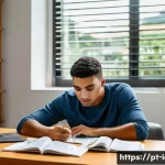 CFA 시험 학습 시간별 효과 - A focused young adult studying at a modern home office desk in S&atilde;o Paulo, Brazil, with natural dayli...