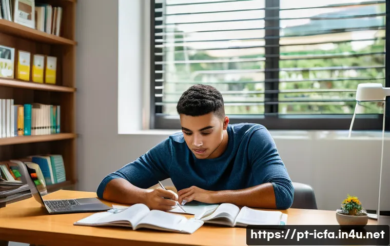 CFA 시험 학습 시간별 효과 - A focused young adult studying at a modern home office desk in São Paulo, Brazil, with natural dayli...