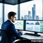 CFA 자격증으로 보험 업계 진출 - A professional insurance analyst in a modern office setting, focused intently on multiple digital fi...