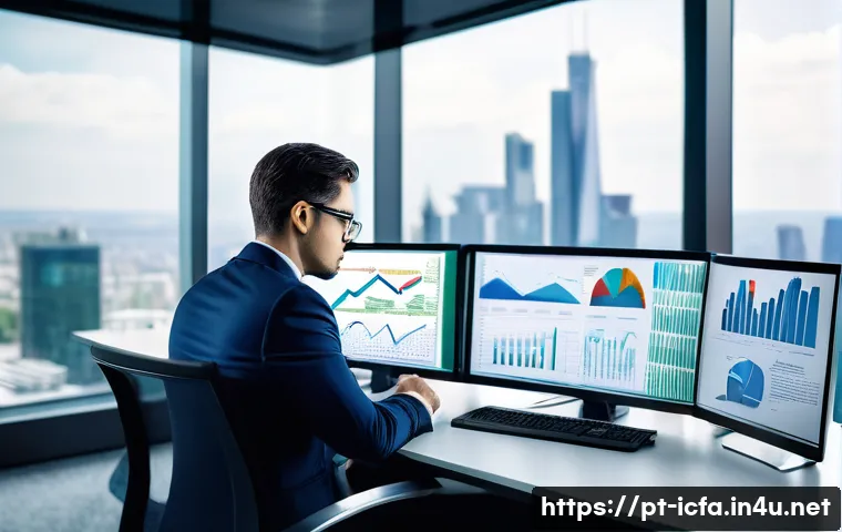 CFA 자격증으로 보험 업계 진출 - A professional insurance analyst in a modern office setting, focused intently on multiple digital fi...