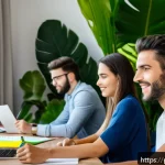 CFA 관련 장학금 및 재정 지원 - A diverse group of young professionals studying together in a modern, bright coworking space in S&atilde;o ...