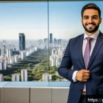 CFA 직무 연봉 협상 팁 - A professional Brazilian financial analyst in a modern S&atilde;o Paulo office, dressed in formal business ...