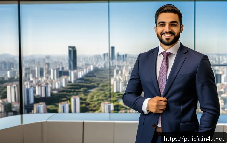 CFA 직무 연봉 협상 팁 - A professional Brazilian financial analyst in a modern São Paulo office, dressed in formal business ...