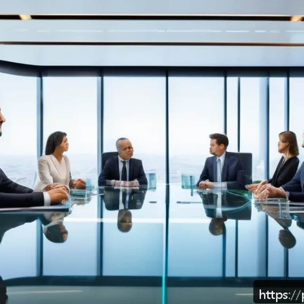 CFA와 블록체인의 활용 사례 - A modern corporate boardroom scene showcasing diverse executives around a sleek glass table, with tr...