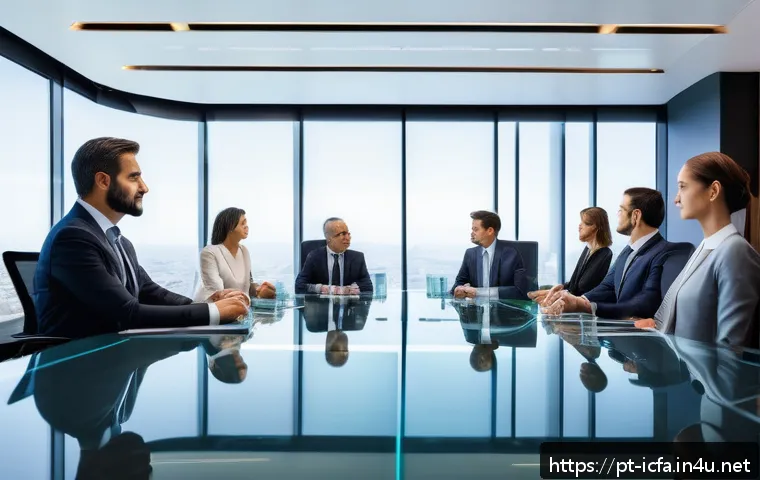 CFA와 블록체인의 활용 사례 - A modern corporate boardroom scene showcasing diverse executives around a sleek glass table, with tr...